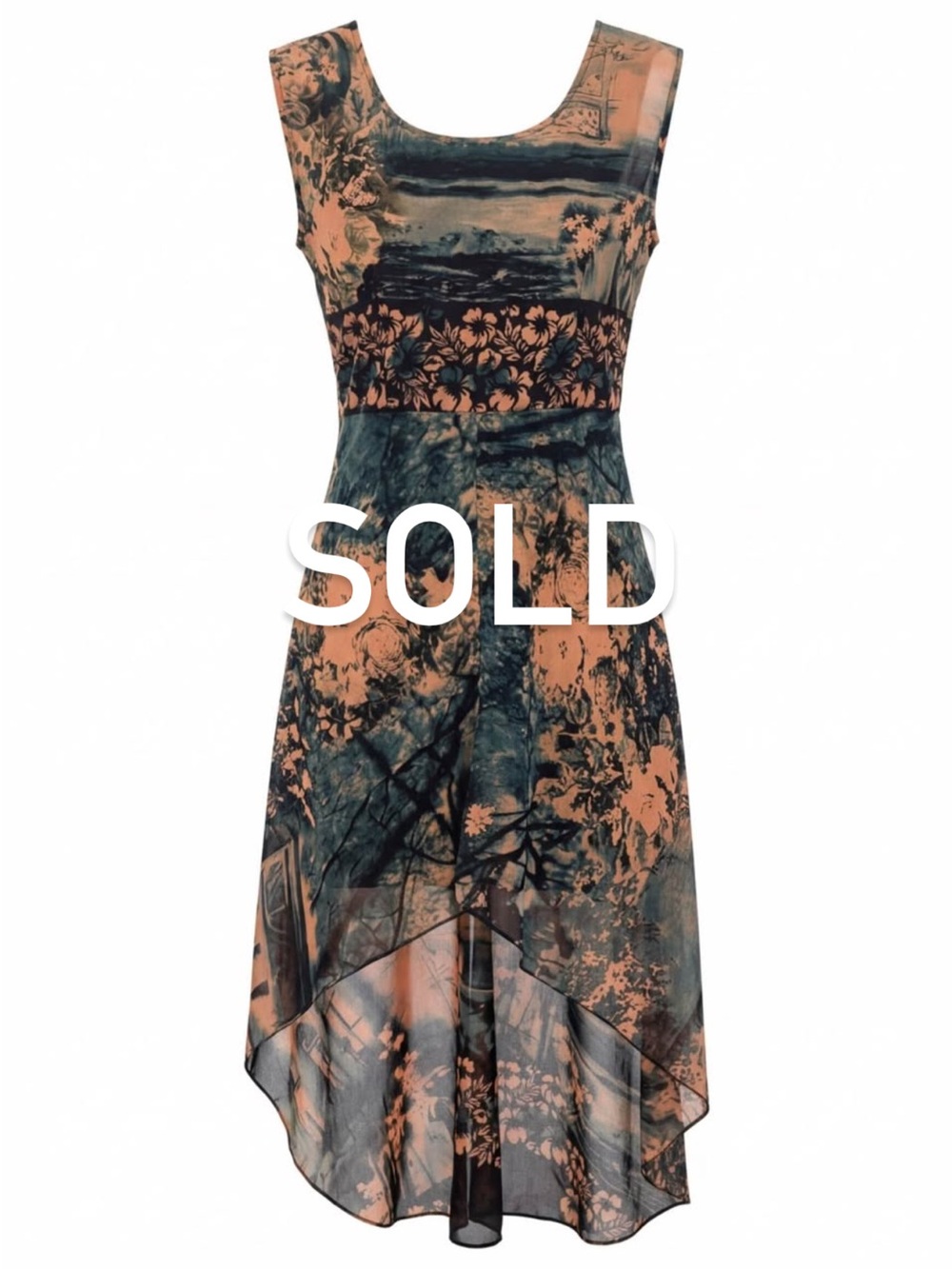 SOLD!! Vintage 90s Mural HiLow Dress Asymmetric Hem, Stretchable Earth Aesthetic